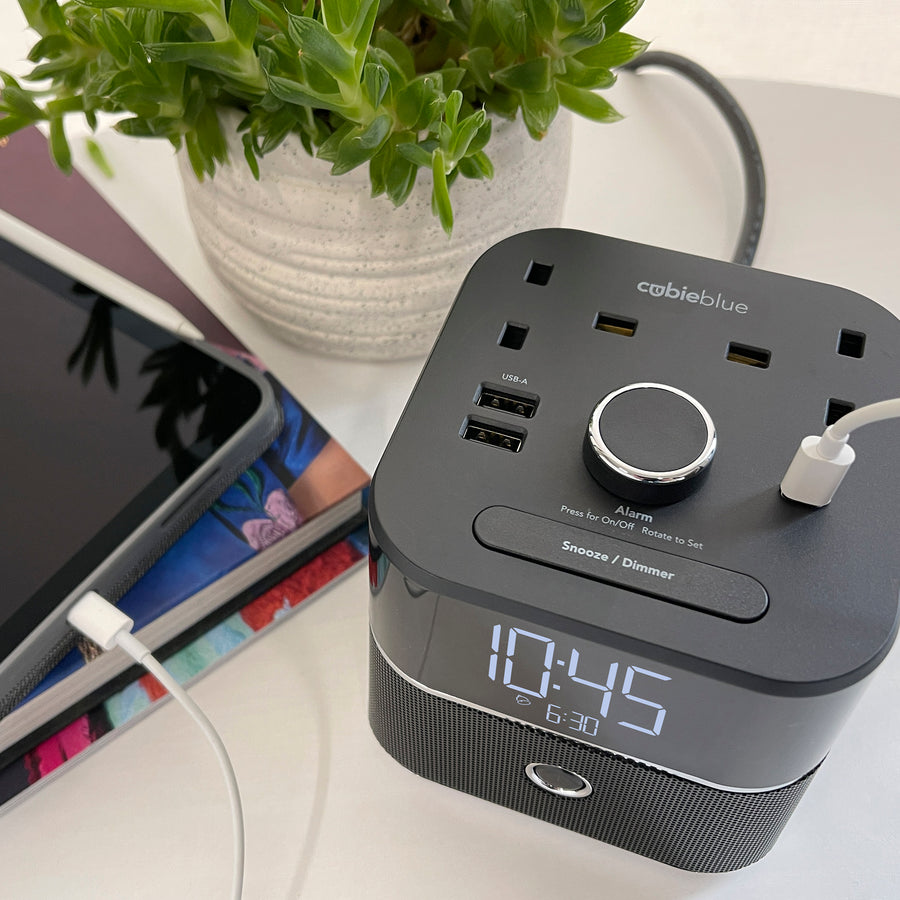 CubieBlue Hotel single day alarm clock with USB ports, power outlets and a bluetooth speaker