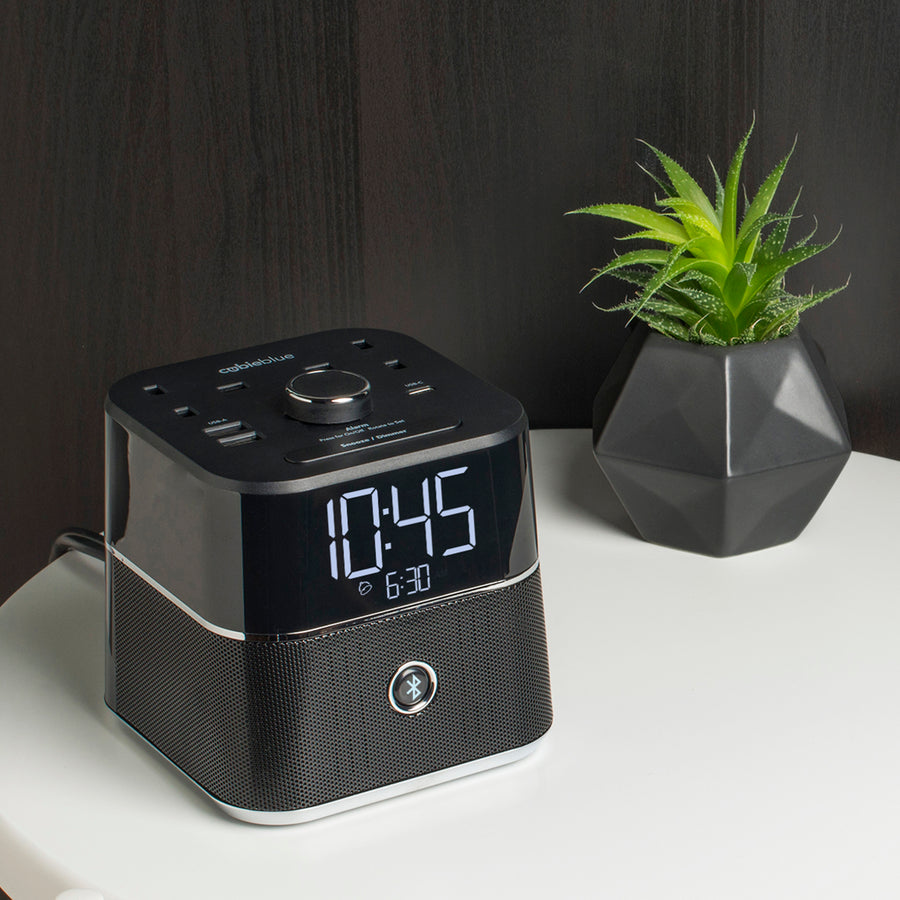 CubieBlue Hotel single day alarm clock with USB ports, power outlets and a bluetooth speaker