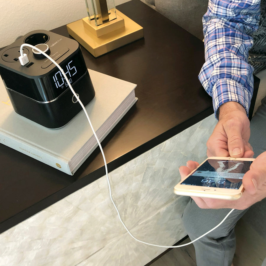 CubieBlue Hotel single day alarm clock with USB ports, power outlets and a bluetooth speaker