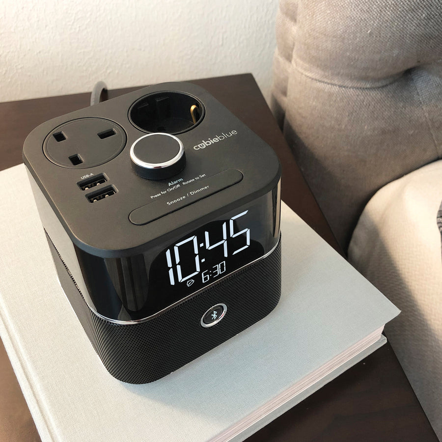 CubieBlue Hotel single day alarm clock with USB ports, power outlets and a bluetooth speaker