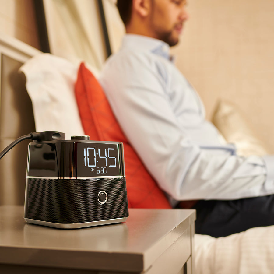CubieBlue Hotel single day alarm clock with USB ports, power outlets and a bluetooth speaker