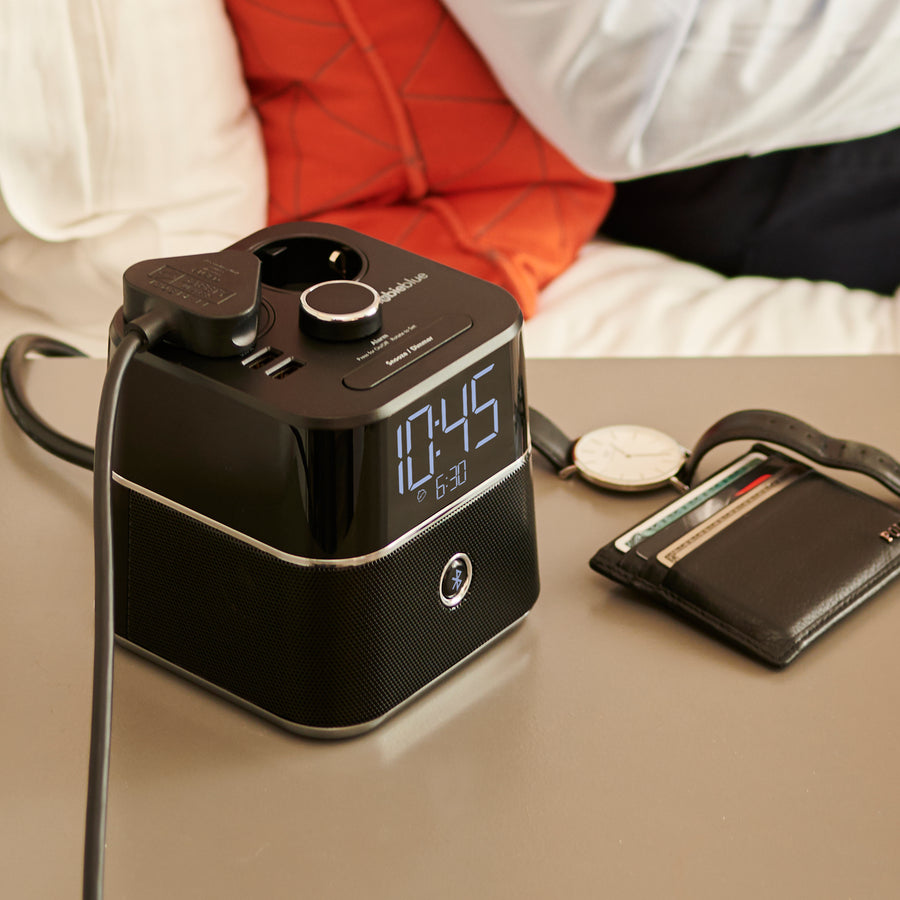 CubieBlue Hotel single day alarm clock with USB ports, power outlets and a bluetooth speaker
