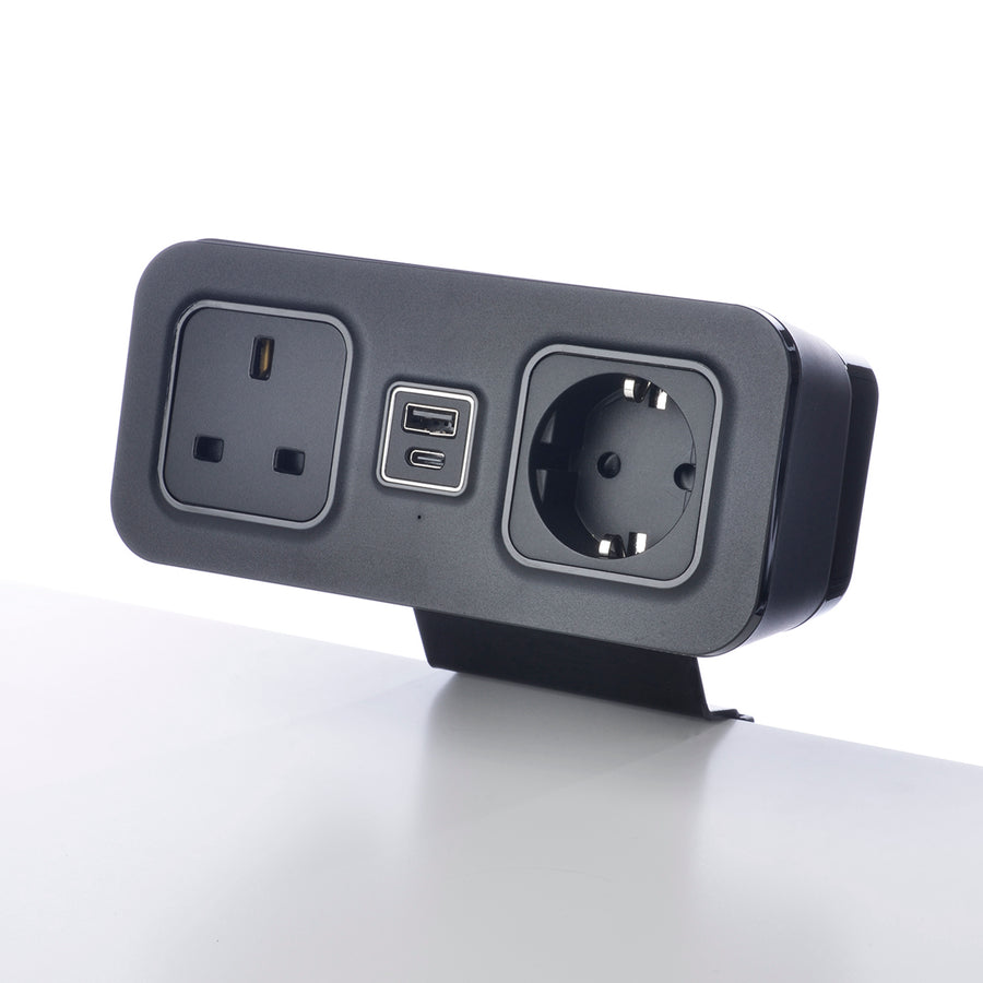 CubieDash hotel charging hub on a bracket with power outlets and usb ports