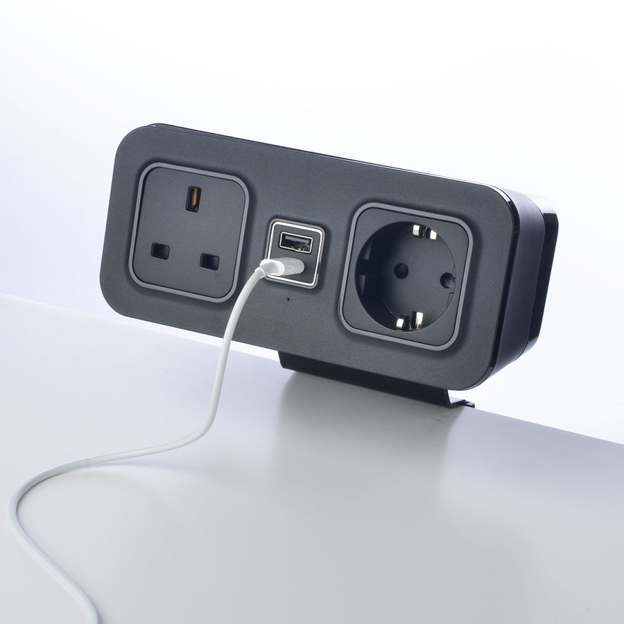 CubieDash hotel charging hub on a bracket with power outlets and usb ports