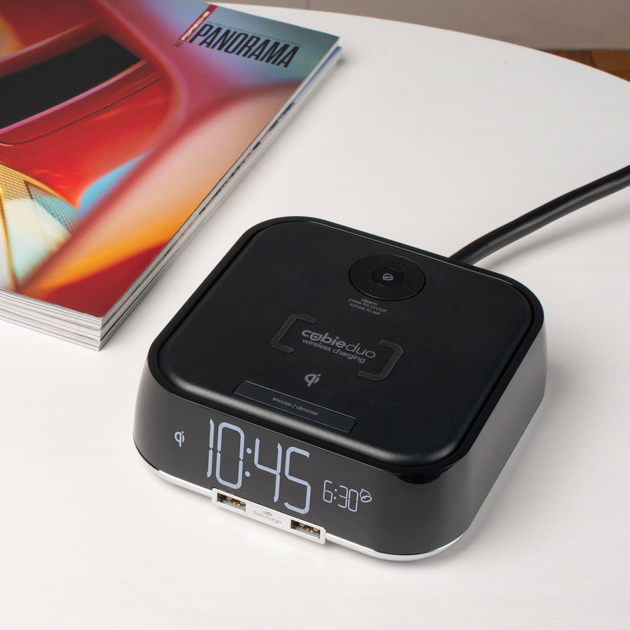 CubieDuo Hotel single day alarm clock with wireless charging and USB ports