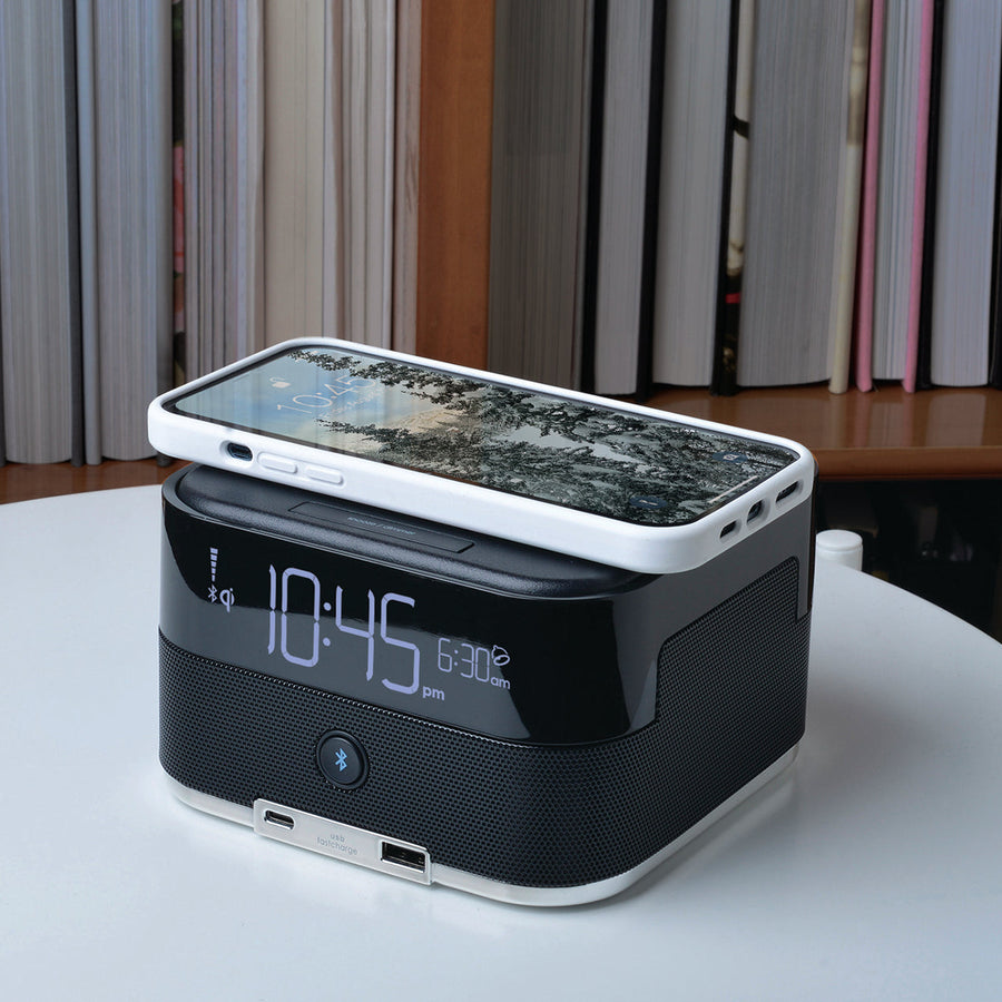 CubieDuo+ Hotel single day alarm clock with wireless charging, bluetooth speaker and USB ports