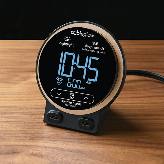 CubieGlow single day alarm clock with USB-C ports, white noise, sunrise alarm rest-easy display and a nightlight. 