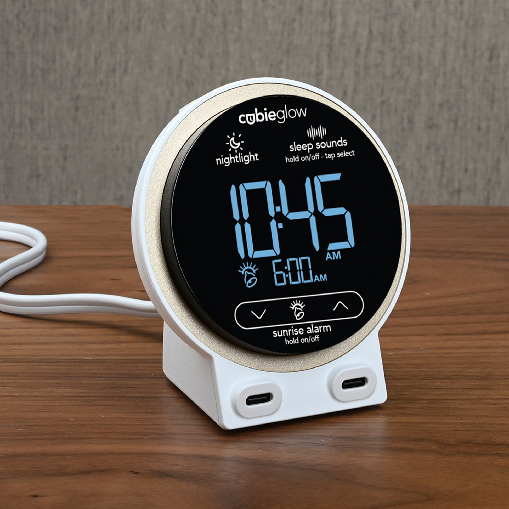 CubieGlow single day alarm clock with USB-C ports, white noise, sunrise alarm rest-easy display and a nightlight. 