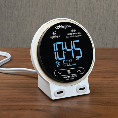 CubieGlow single day alarm clock with USB-C ports, white noise, sunrise alarm rest-easy display and a nightlight. 