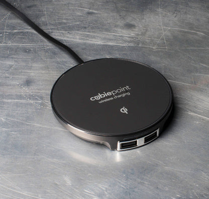 CubiePoint hotel charging hub with wireless charging and usb ports