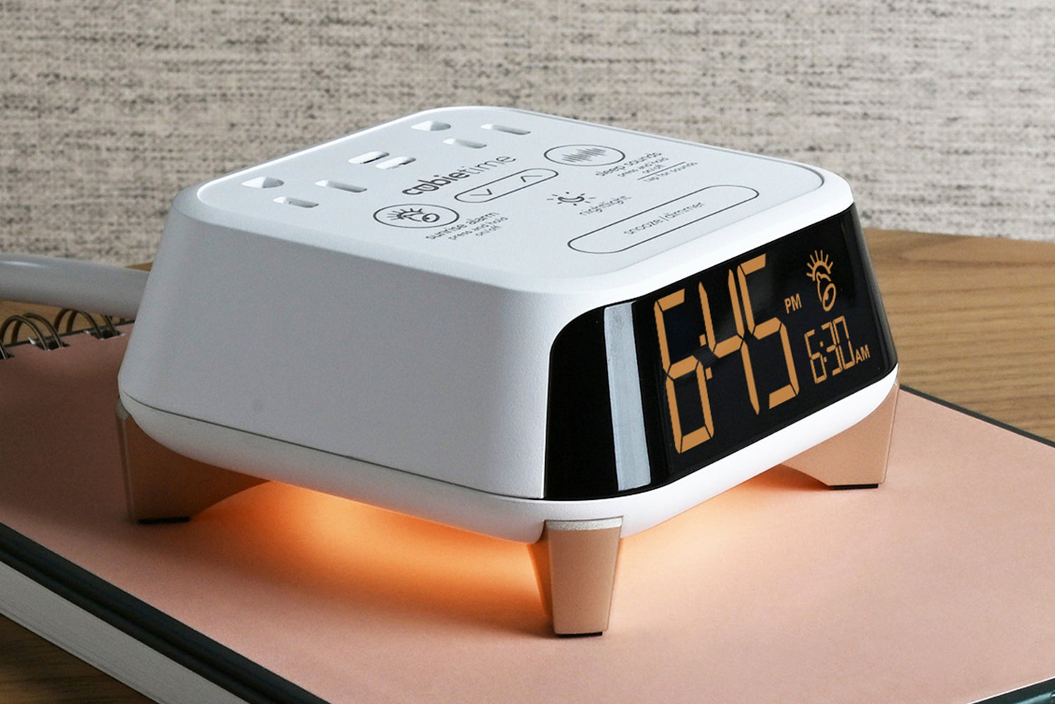 CubieTime Zen Hotel single day alarm clock with USB-C ports, power outlets, white noise, sunrise alarm rest-easy display and a nightlight. 