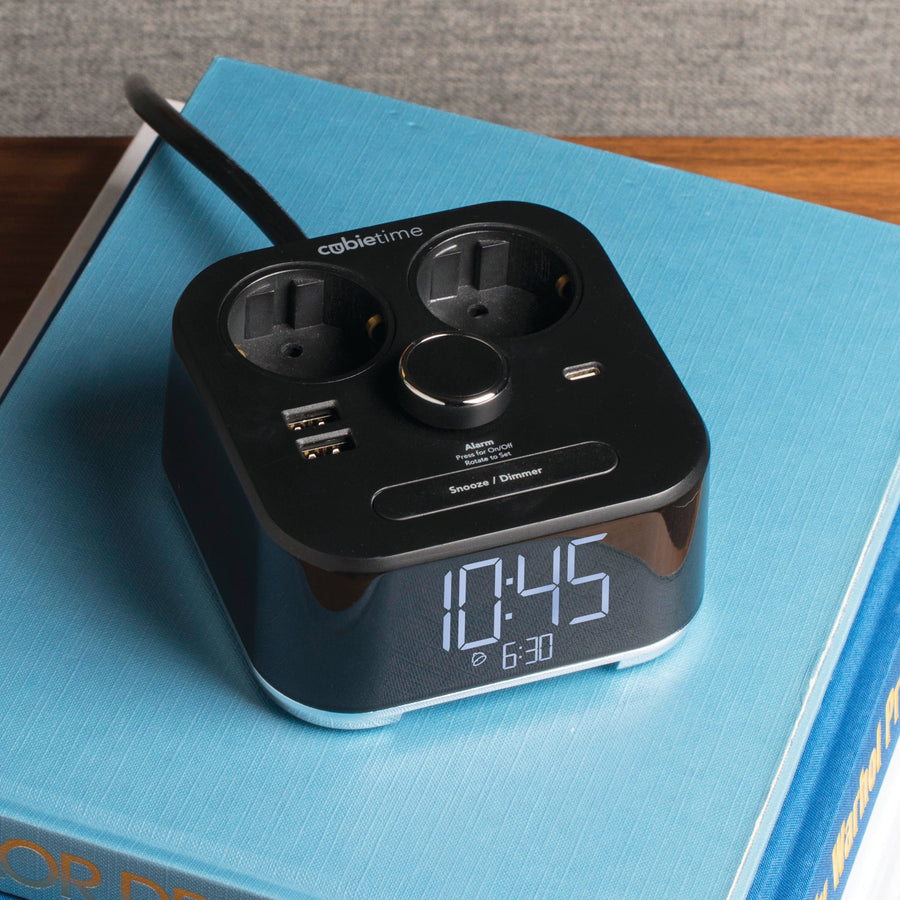 CubieTime Hotel single day alarm clock with USB ports and power outlets