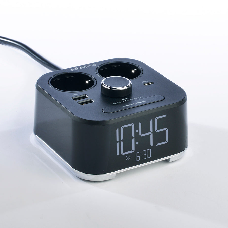CubieTime Hotel single day alarm clock with USB ports and power outlets
