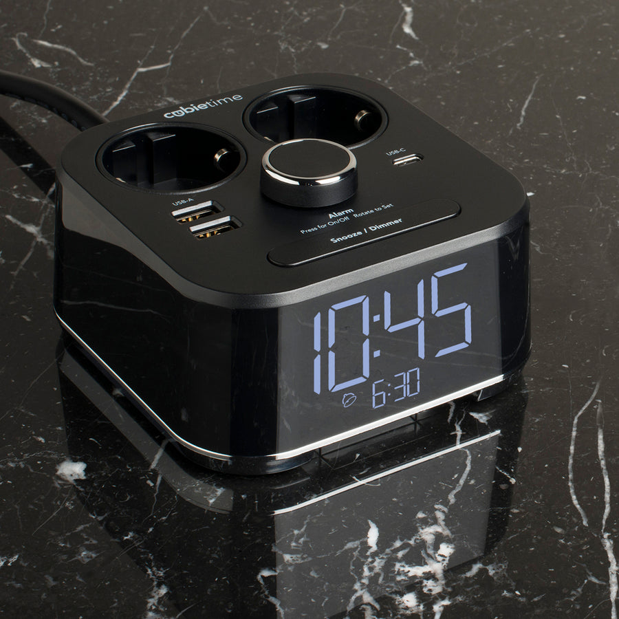 CubieTime Hotel single day alarm clock with USB ports and power outlets