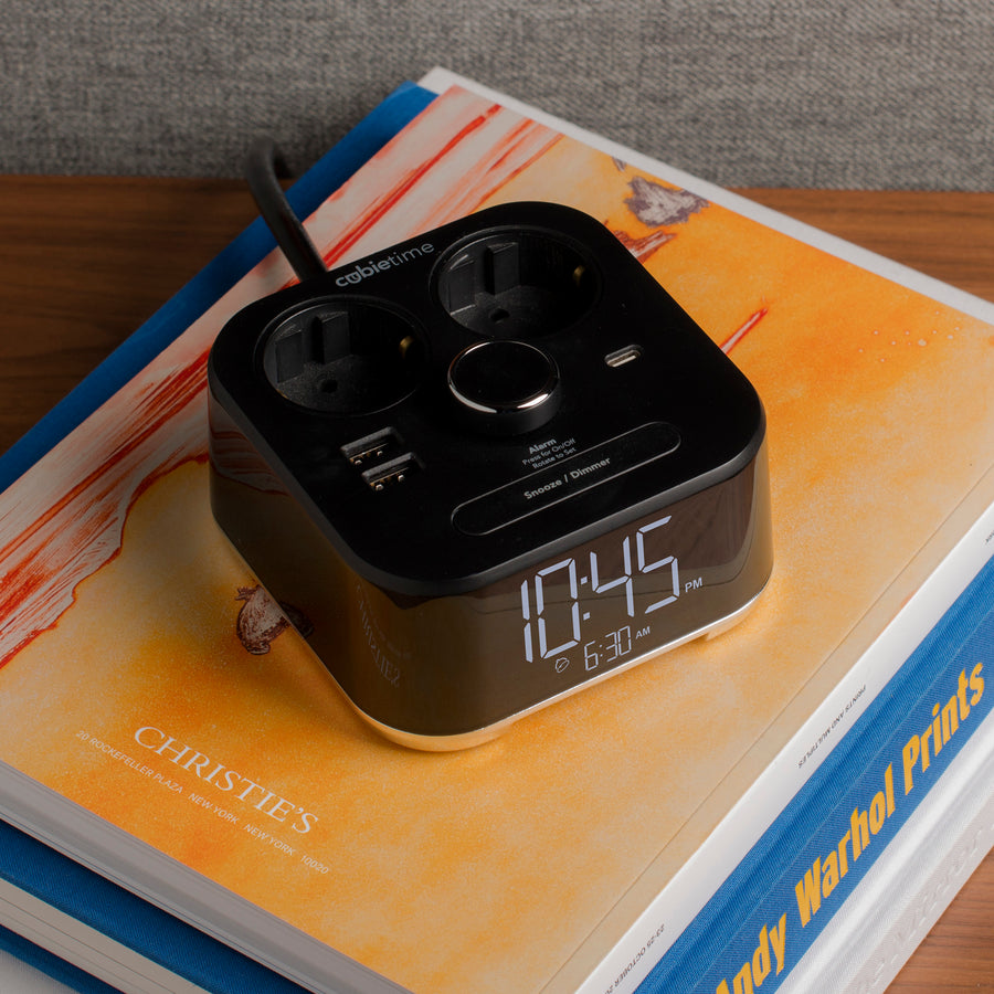 CubieTime Hotel single day alarm clock with USB ports and power outlets