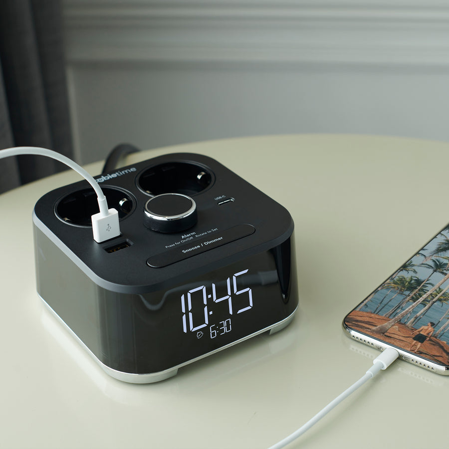 CubieTime Hotel single day alarm clock with USB ports and power outlets