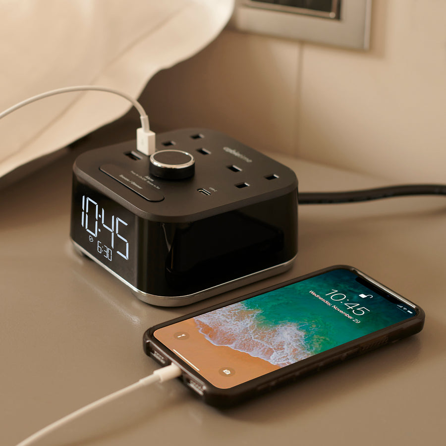 CubieTime Hotel single day alarm clock with USB ports and power outlets