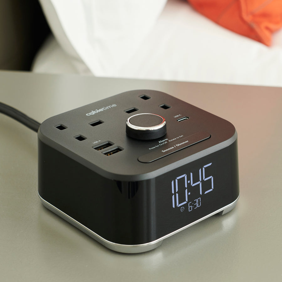 CubieTime Hotel single day alarm clock with USB ports and power outlets