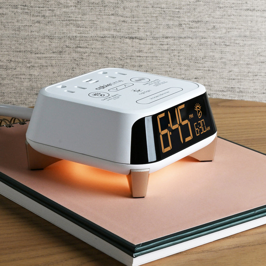 CubieTime Zen White Hotel single day alarm clock with USB-C ports, power outlets, white noise, sunrise alarm rest-easy display and a nightlight. 