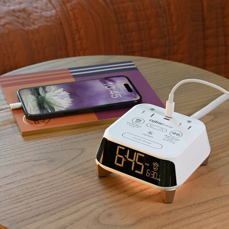 CubieTime Zen White Hotel single day alarm clock with USB-C ports, power outlets, white noise, sunrise alarm rest-easy display and a nightlight. 