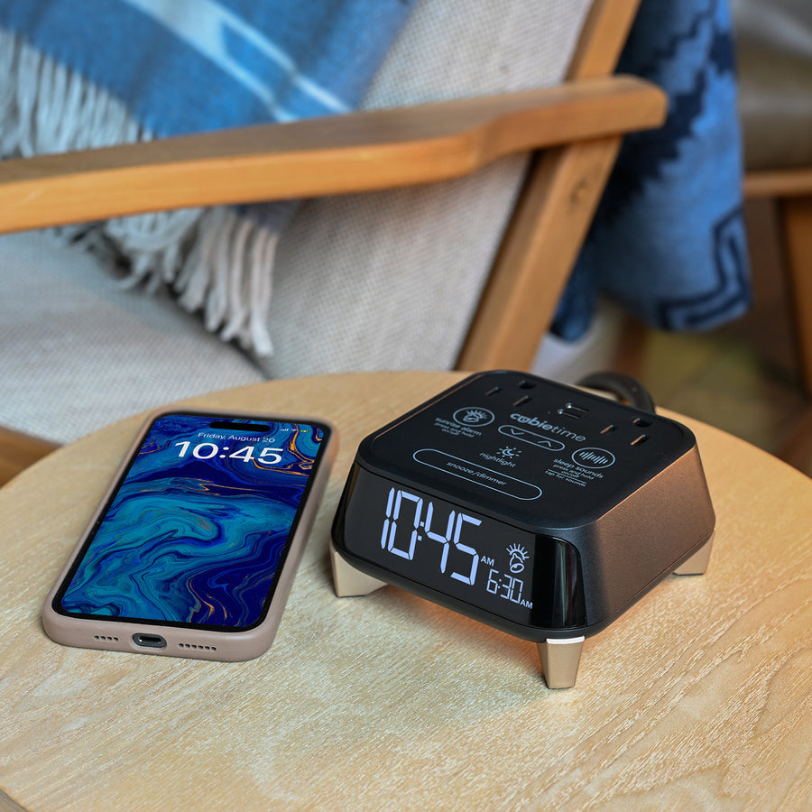 CubieTime Zen Hotel single day alarm clock with USB-C ports, power outlets, white noise, sunrise alarm rest-easy display and a nightlight. 