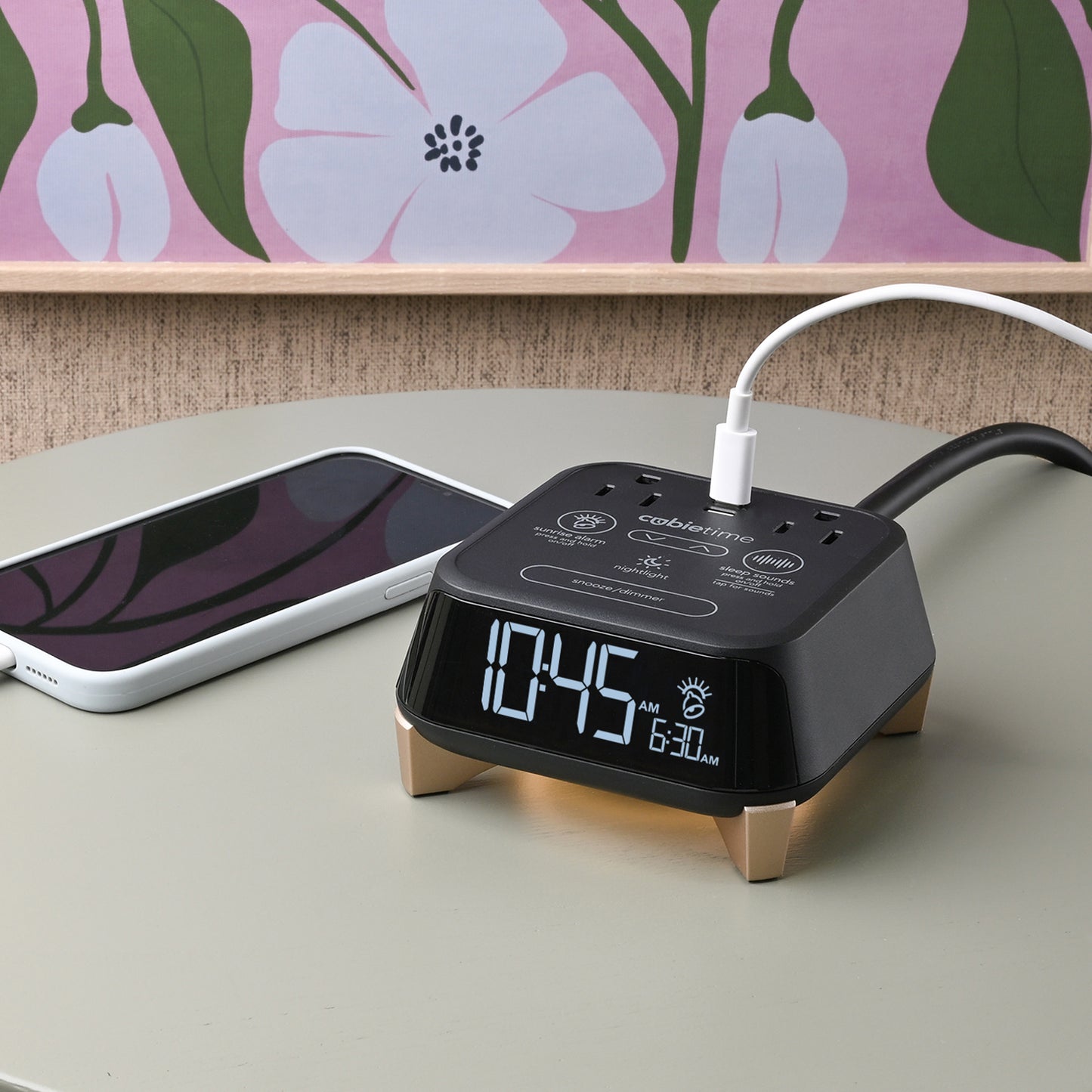 CubieTime Zen Hotel single day alarm clock with USB-C ports, power outlets, white noise, sunrise alarm rest-easy display and a nightlight. 