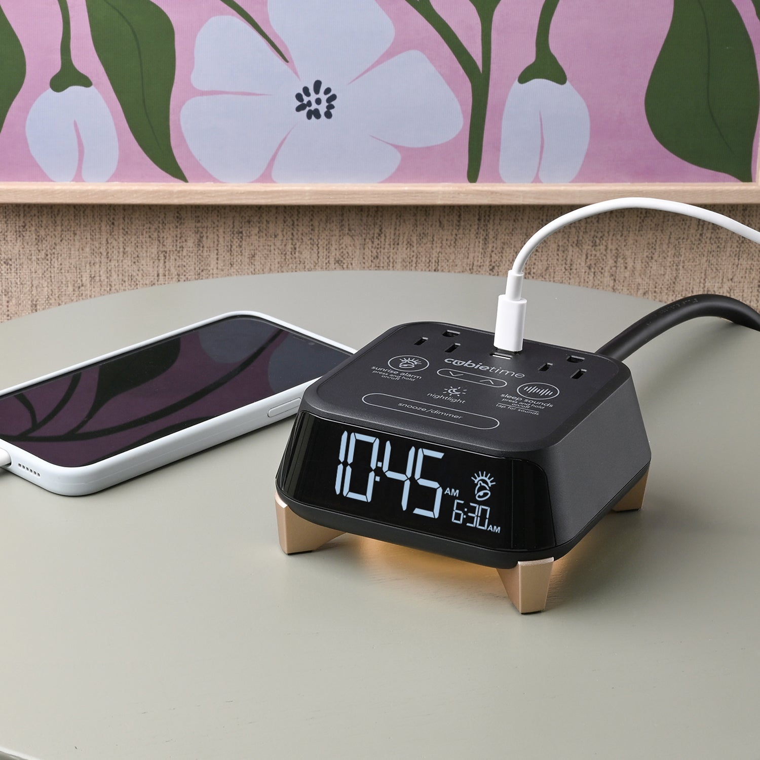 CubieTime Zen Hotel single day alarm clock with USB-C ports, power outlets, white noise, sunrise alarm rest-easy display and a nightlight. 