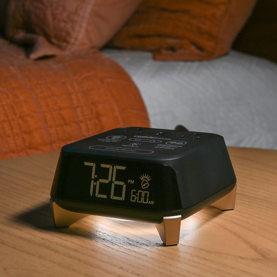CubieTime Zen Hotel single day alarm clock with USB-C ports, power outlets, white noise, sunrise alarm rest-easy display and a nightlight. 