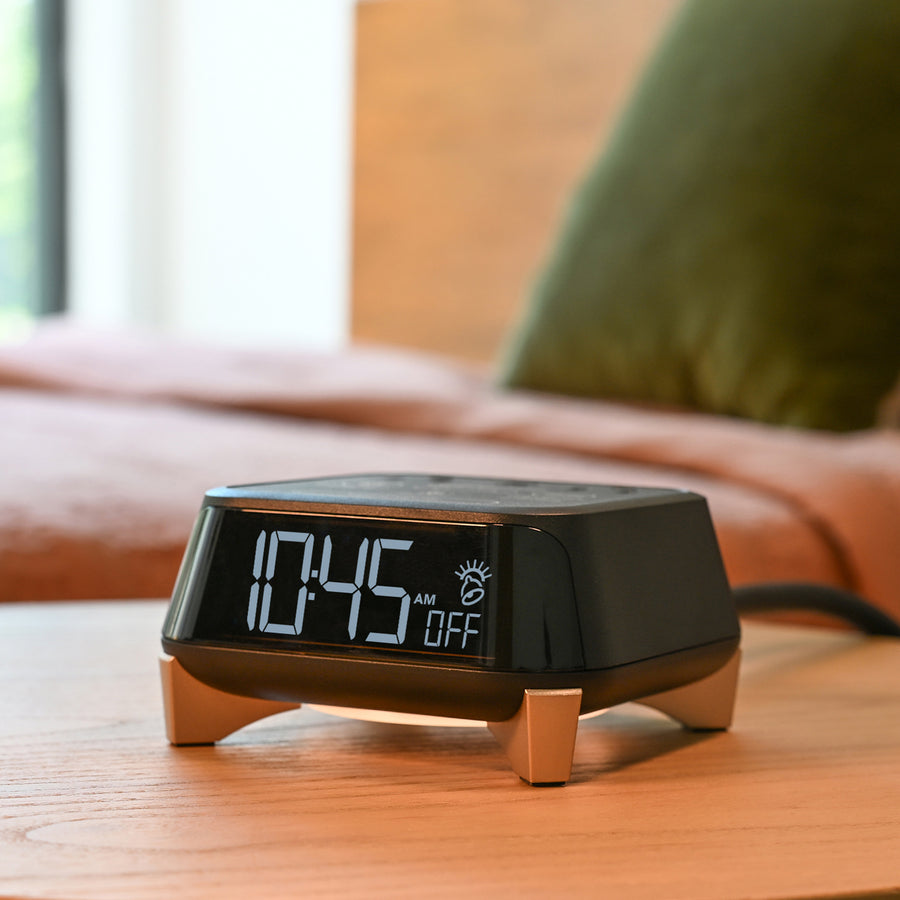 CubieTime Zen Hotel single day alarm clock with USB-C ports, power outlets, white noise, sunrise alarm rest-easy display and a nightlight. 