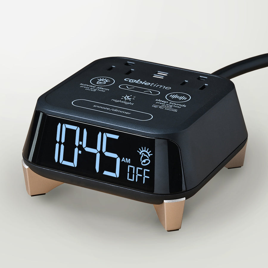 CubieTime Zen Hotel single day alarm clock with USB-C ports, power outlets, white noise, sunrise alarm rest-easy display and a nightlight. 