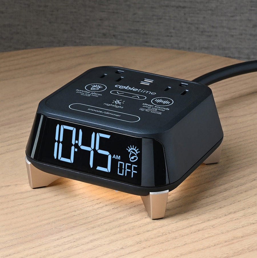 CubieTime Zen Hotel single day alarm clock with USB-C ports, power outlets, white noise, sunrise alarm rest-easy display and a nightlight. 