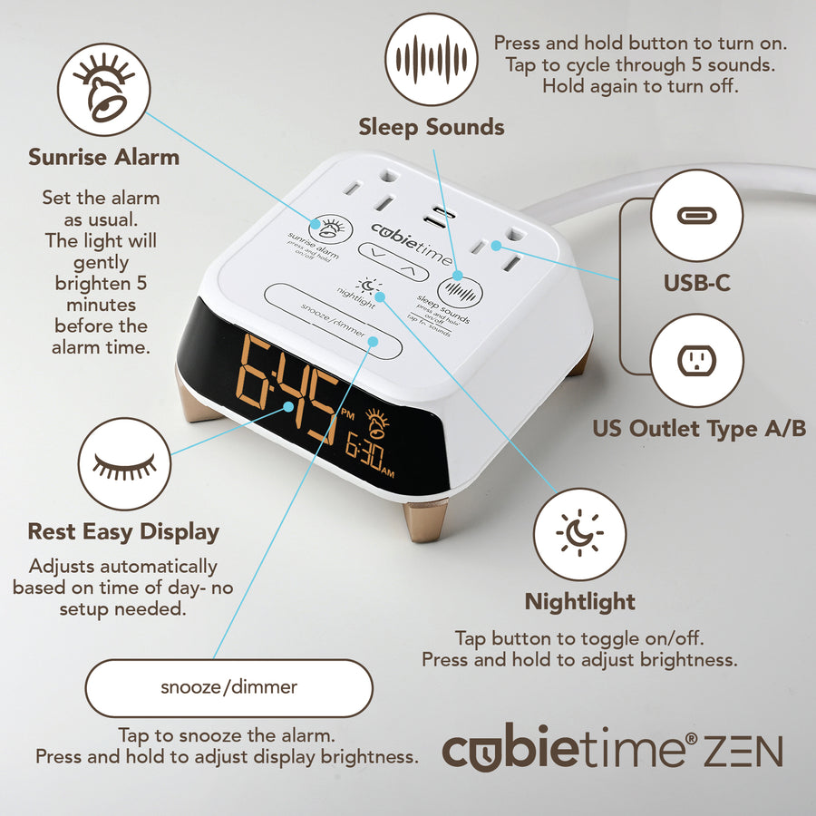 CubieTime Zen Hotel single day alarm clock with USB-C ports, power outlets, white noise, sunrise alarm rest-easy display and a nightlight. 