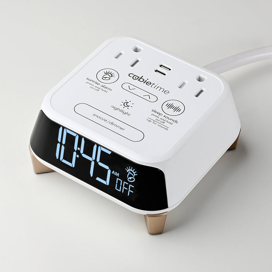 CubieTime Zen White Hotel single day alarm clock with USB-C ports, power outlets, white noise, sunrise alarm rest-easy display and a nightlight. 