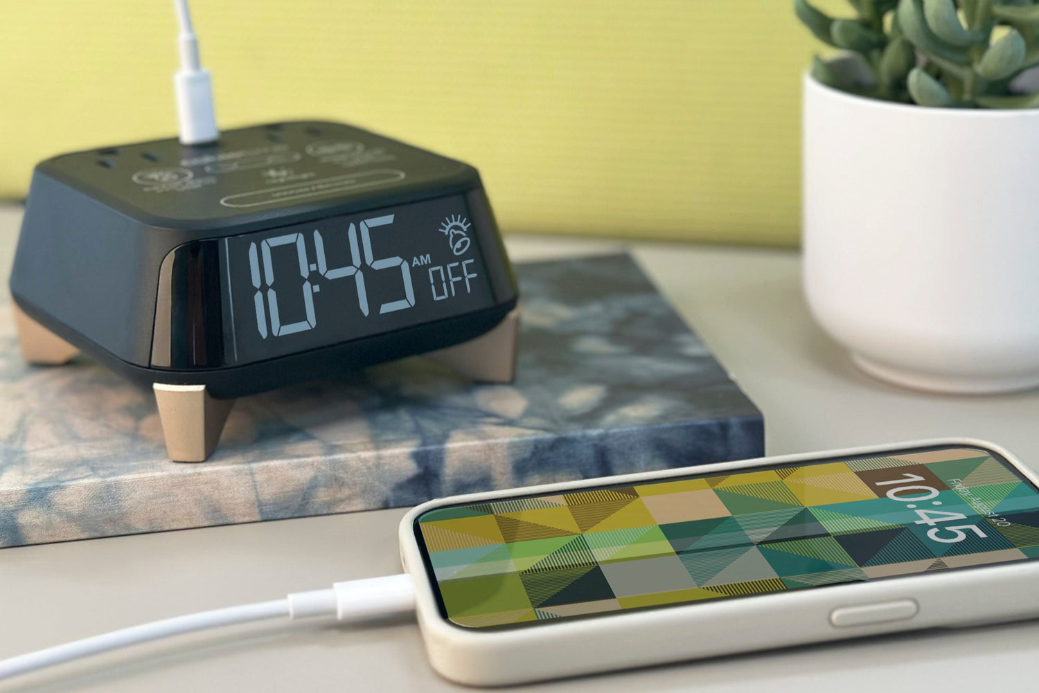 CubieTime Zen Hotel single day alarm clock with USB-C ports, power outlets, white noise, sunrise alarm rest-easy display and a nightlight. 