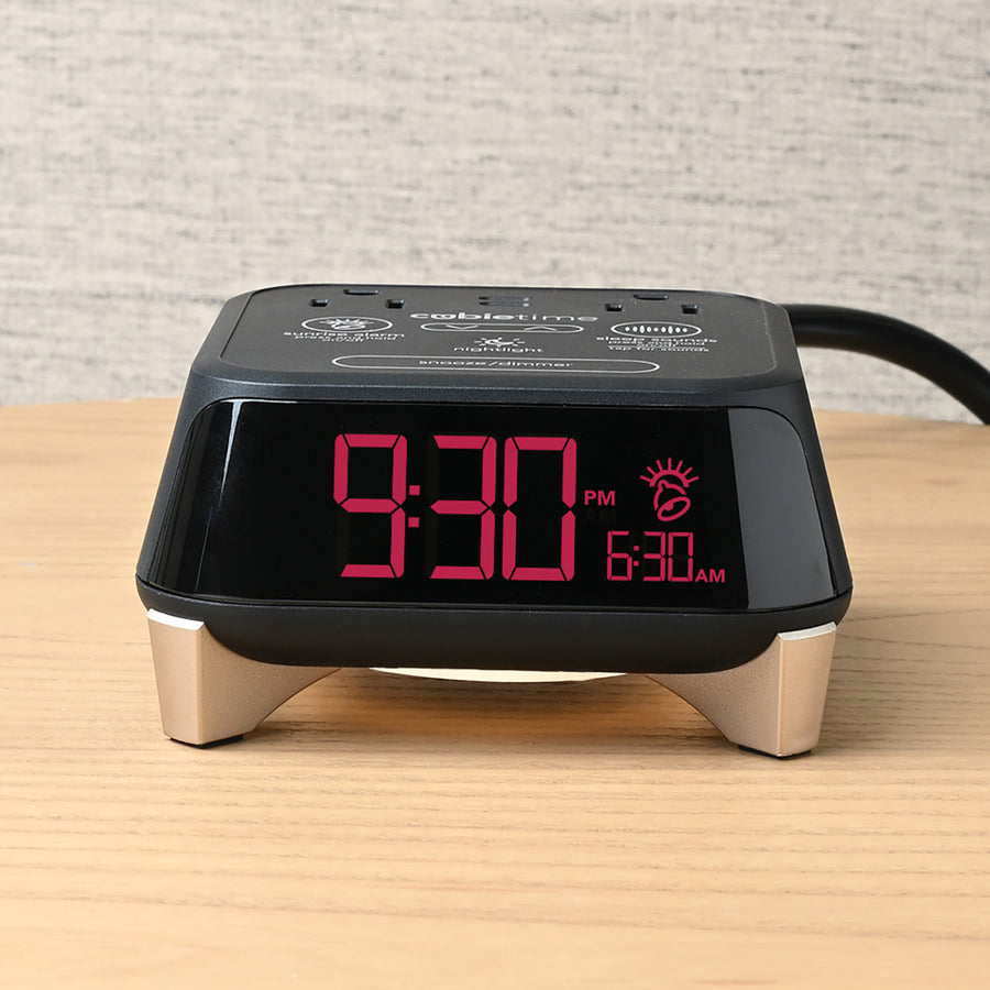 CubieTime Zen Hotel single day alarm clock with USB-C ports, power outlets, white noise, sunrise alarm rest-easy display and a nightlight. 