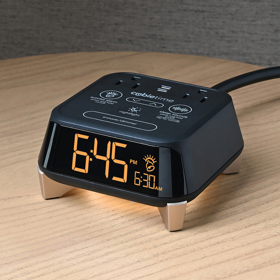 CubieTime Zen Hotel single day alarm clock with USB-C ports, power outlets, white noise, sunrise alarm rest-easy display and a nightlight. 