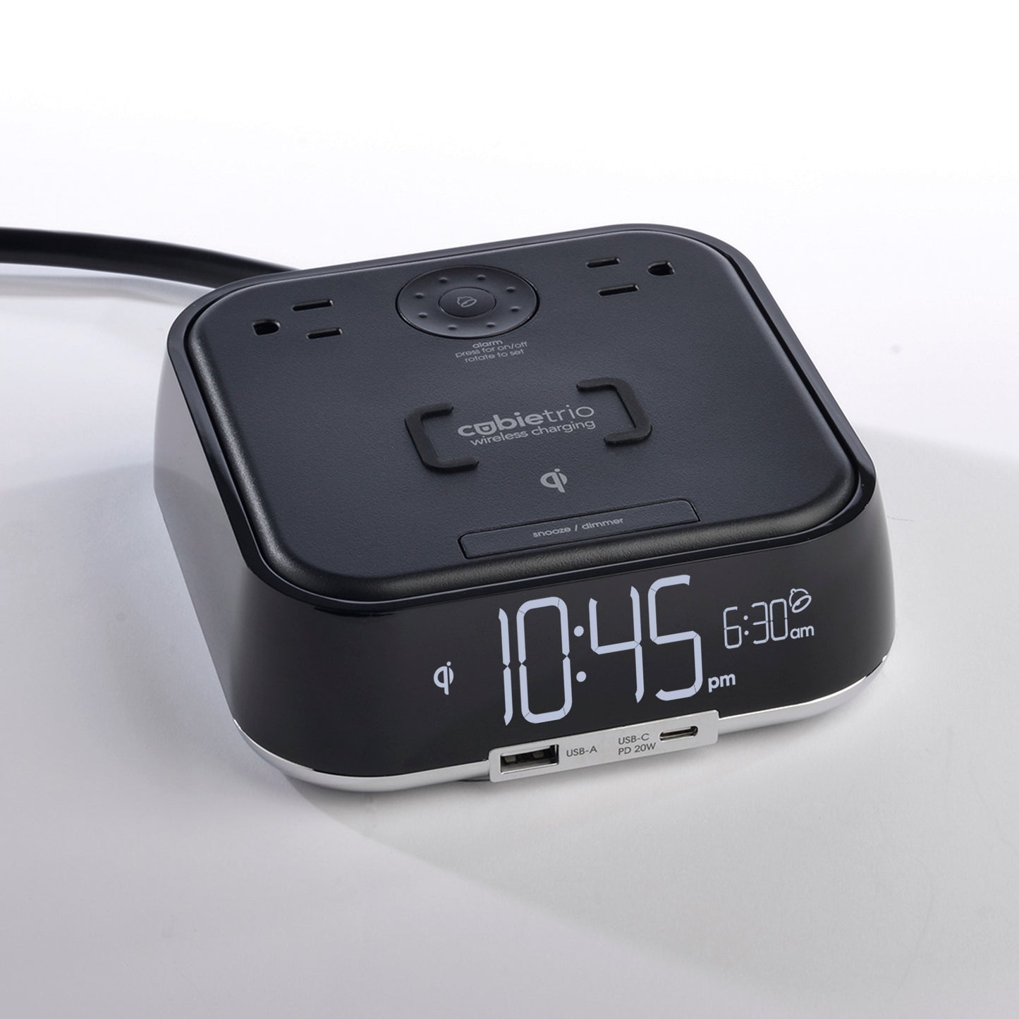 CubieTrio<sup>®</sup> Open Box<br><h3>Wireless Charging Hotel Alarm Clock with Outlets and USB Ports</h3>
