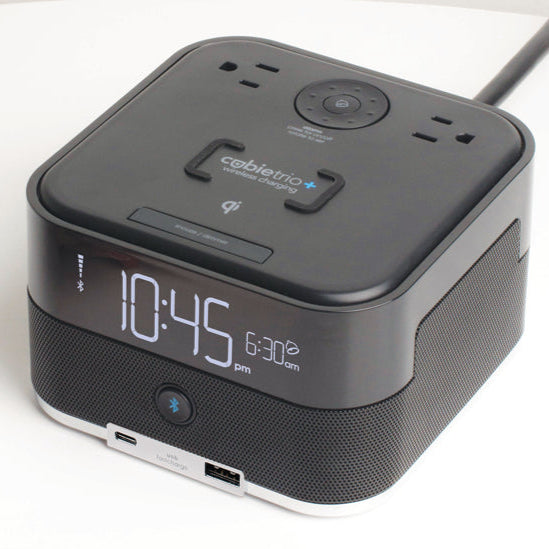 CubieTrio+<sup>®</sup>Open Box<br><h3>Wireless Charging Hotel Alarm Clock with Bluetooth Speaker Outlets and USB Ports</h3>