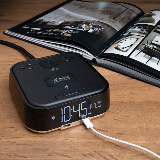 CubieTrio Hotel single day alarm clock with wireless charging USB ports and power outlets