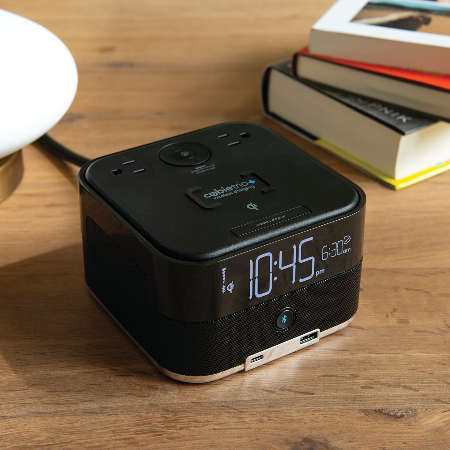 CubieTrio+<sup>®</sup>Open Box<br><h3>Wireless Charging Hotel Alarm Clock with Bluetooth Speaker Outlets and USB Ports</h3>