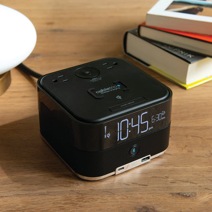 CubieTrio+<sup>®</sup>Open Box<br><h3>Wireless Charging Hotel Alarm Clock with Bluetooth Speaker Outlets and USB Ports</h3>