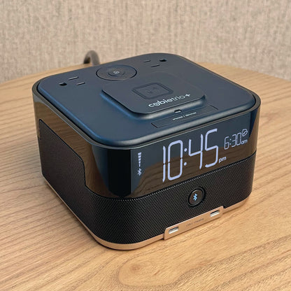 CubieTrio+<sup>®</sup><br><h3>Magnetic Wireless Charging Hotel Alarm Clock with Bluetooth Speaker Outlets and USB Ports</h3>