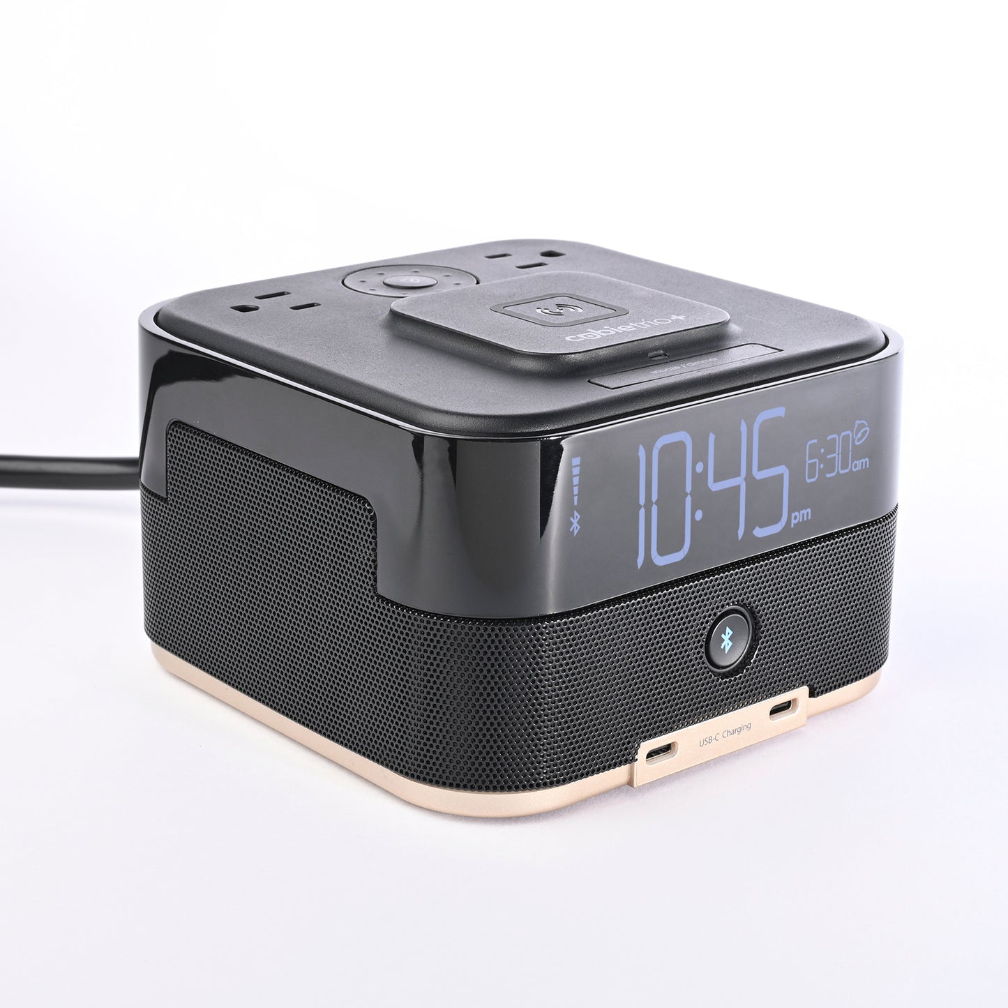 CubieTrio+<sup>®</sup><br><h3>Magnetic Wireless Charging Hotel Alarm Clock with Bluetooth Speaker Outlets and USB Ports</h3>