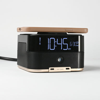 CubieTrio+<sup>®</sup><br><h3>Magnetic Wireless Charging Hotel Alarm Clock with Bluetooth Speaker Outlets and USB Ports</h3>