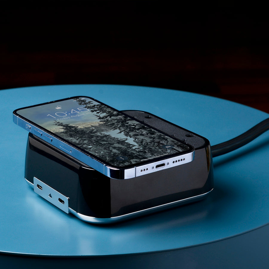 CubieVia hotel charging hub with wireless charging power outlets and usb ports