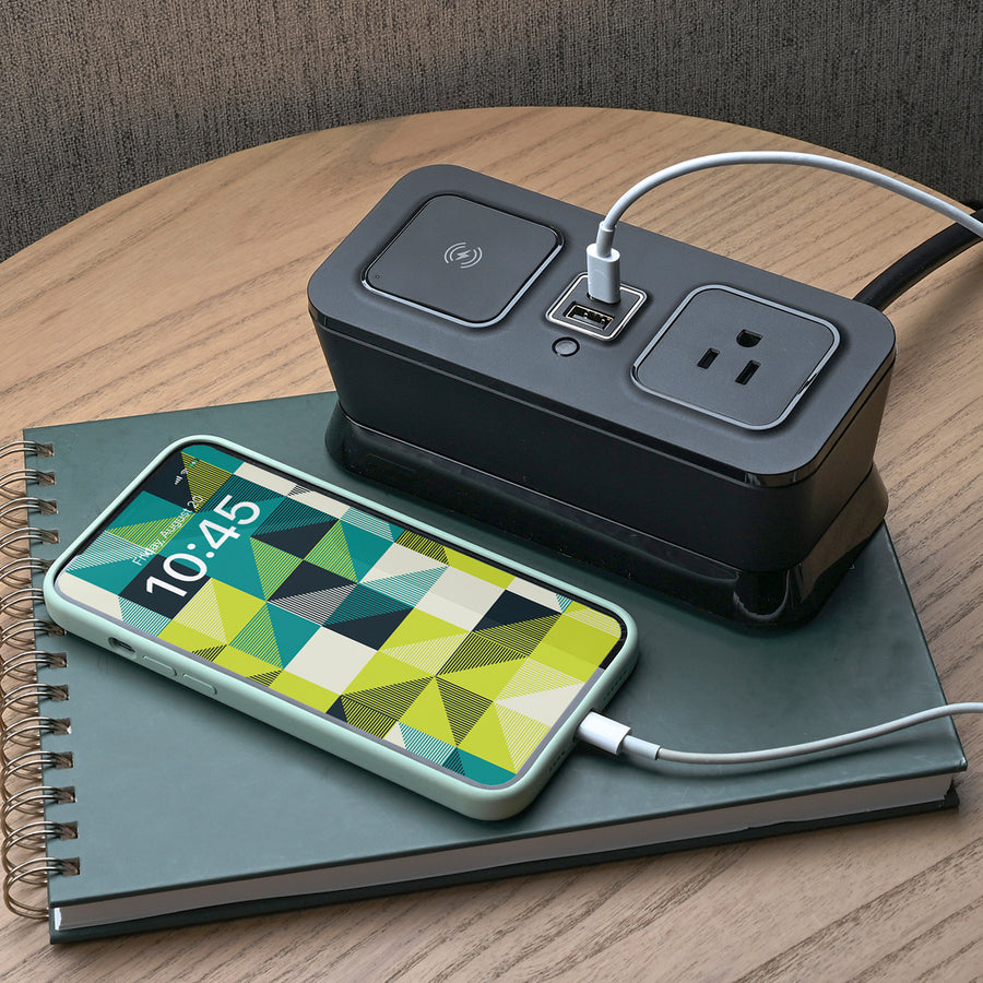 CubieVia hotel charging hub with wireless charging power outlets and usb ports