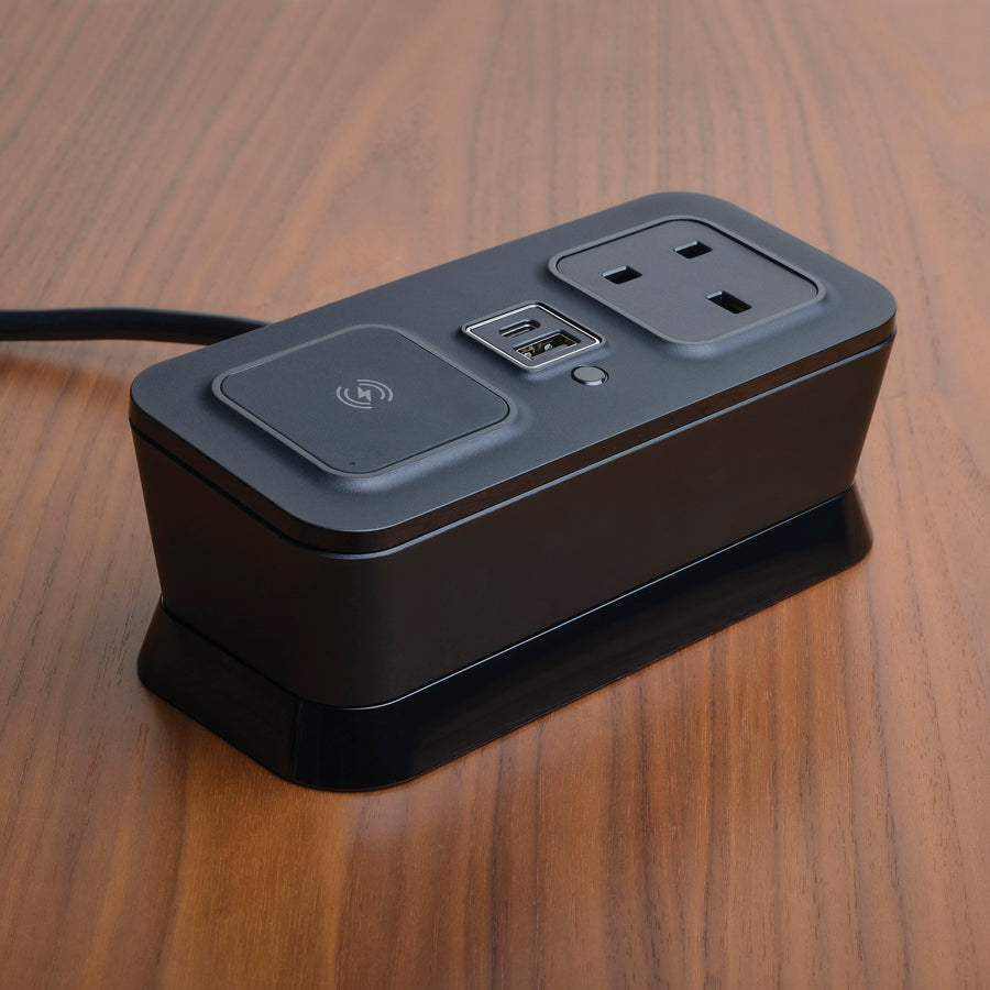 CubieVia hotel charging hub with wireless charging power outlets and usb ports