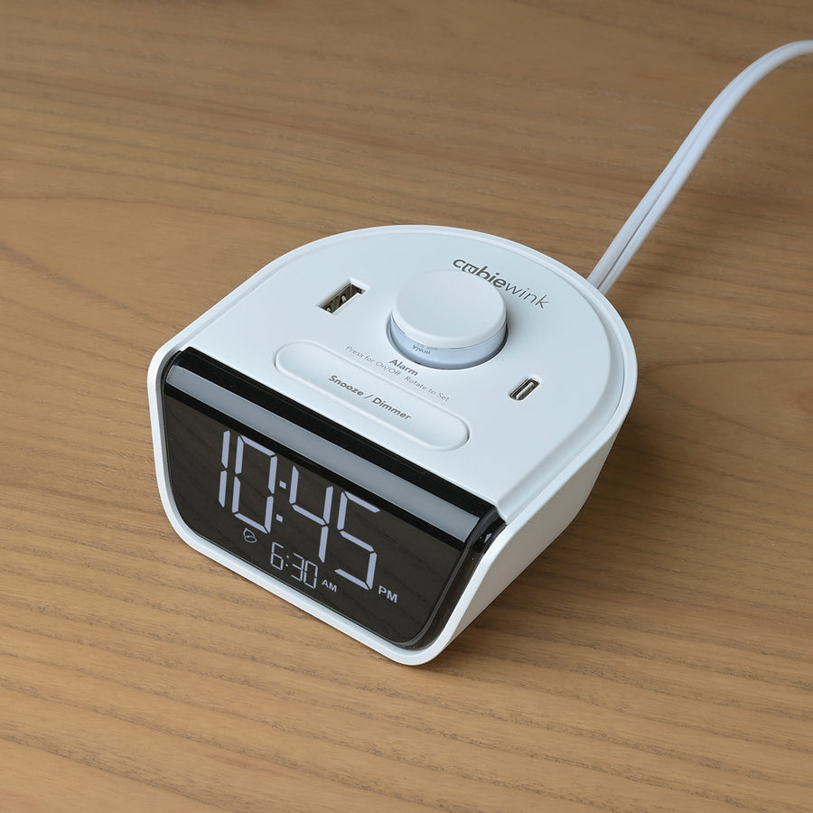 CubieWink White Hotel single day alarm clock with USB ports 