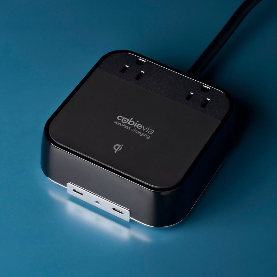 CubieVia hotel charing hub with wireless charging, usb ports and power outlets