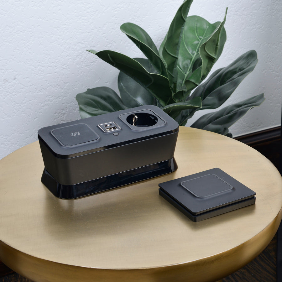 CubieVia hotel charging hub with wireless charging power outlets and usb ports